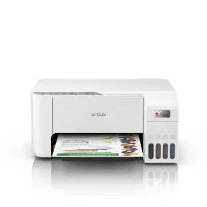 White Epson printer EcoTank L3256 wireless all-in-one ink tank model on office desk